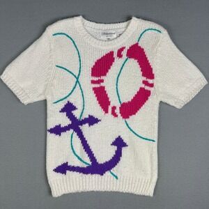 VTG Silvercord Nautical Sweater Size P/S Short Sleeve Anchor Lifesaver Knit 80s‎